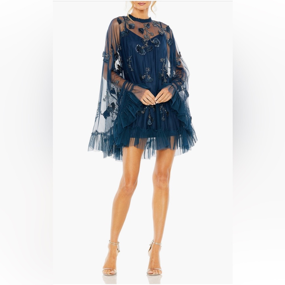 Mac Duggal Womens Embellished Long Sleeve Trapeze Dress in dark teal
